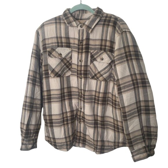 Wrangler Button-Up Flannel Shirt Jacket Mens L Brown Plaid Sherpa Lined Outdoors - Picture 1 of 11